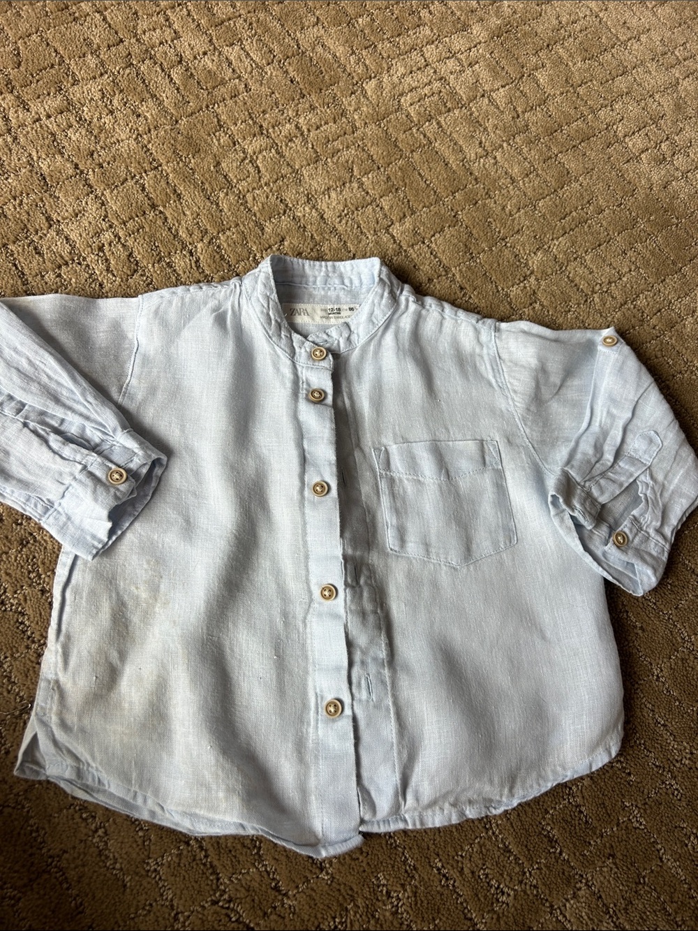 Zara Light  baby Blue linen  Mandarin Collar Button-Down Shirt
